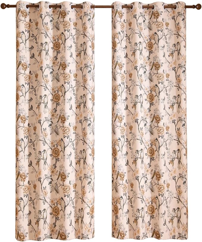 Designer French Linen Printed Curtains, 2 Panels, Bird and Flowers Pattern Draps - Image 4