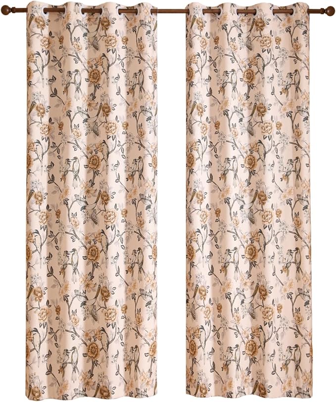 Designer French Linen Printed Curtains, 2 Panels, Bird and Flowers Pattern Draps - Image 4