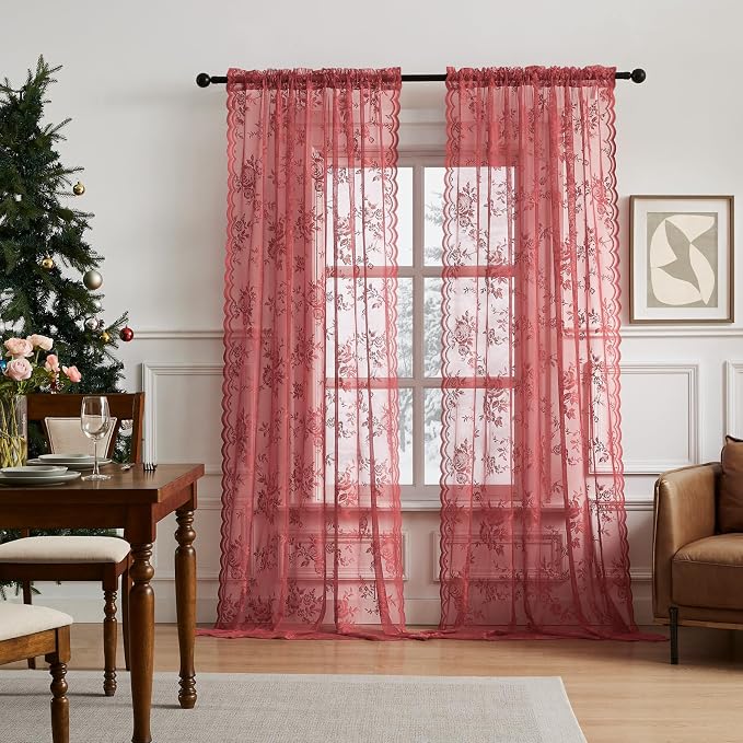 Coral Lace Curtains 54 Inch Length 2 Panels - Image 2