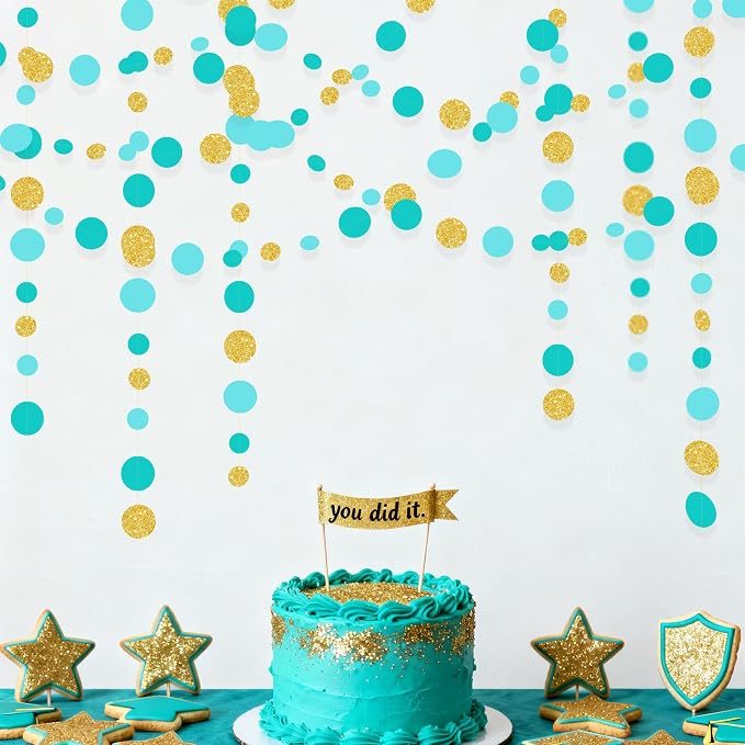 Teal Gold Party Polka Dot Garland Banner Aqua Turquoise Glitter Gold Hanging - Image 6