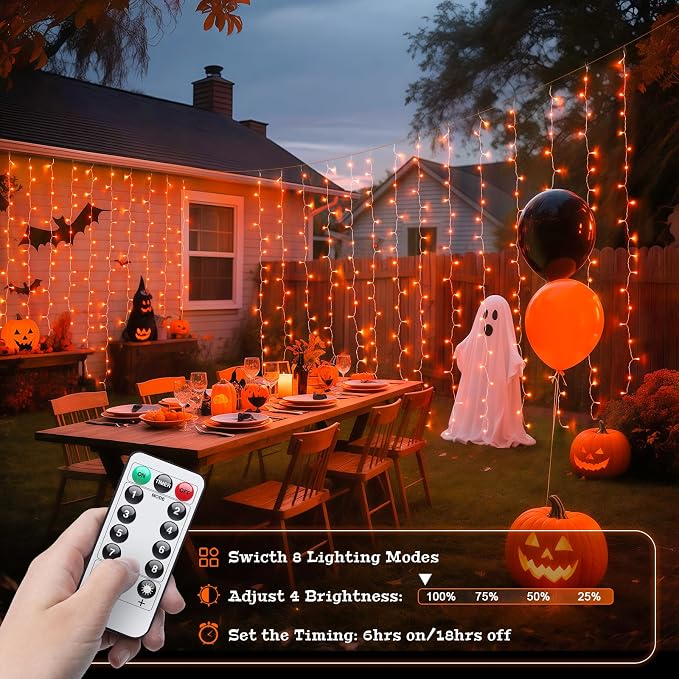 JMEXSUSS Orange Curtain Lights for Halloween, USB Plug in, 200 LED | Remote - Image 5