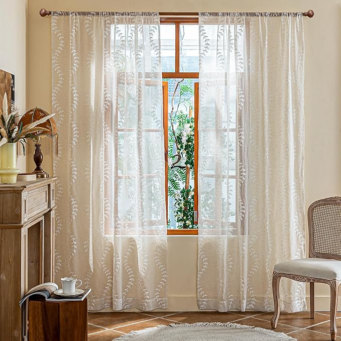 2 Panels Linen Leaf String Floral Embroidered Semi Sheer Curtain Farmhouse - Image 2