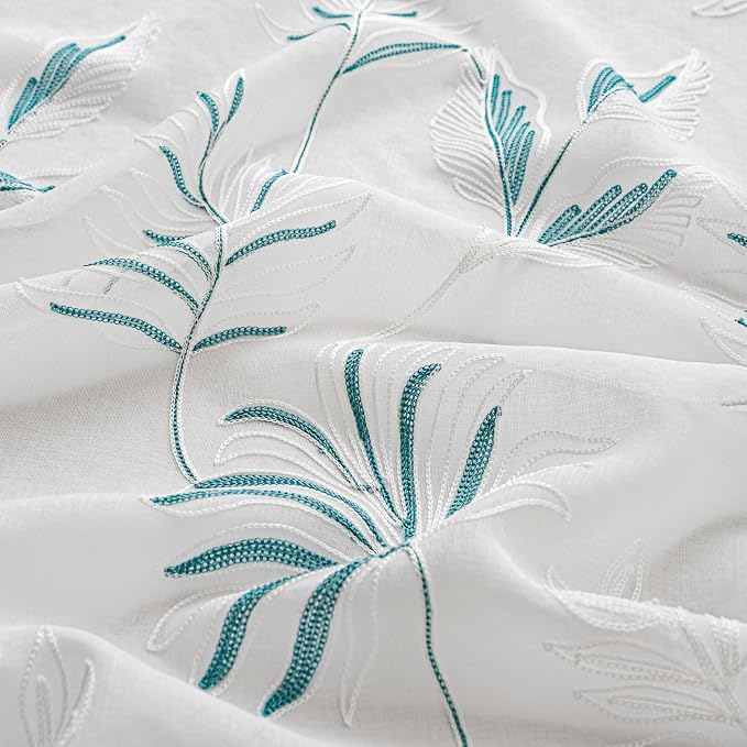 White Sheer Curtains Blue Embroidered Leaf 2 Panels 84 Inches | Light Filtering - Image 4
