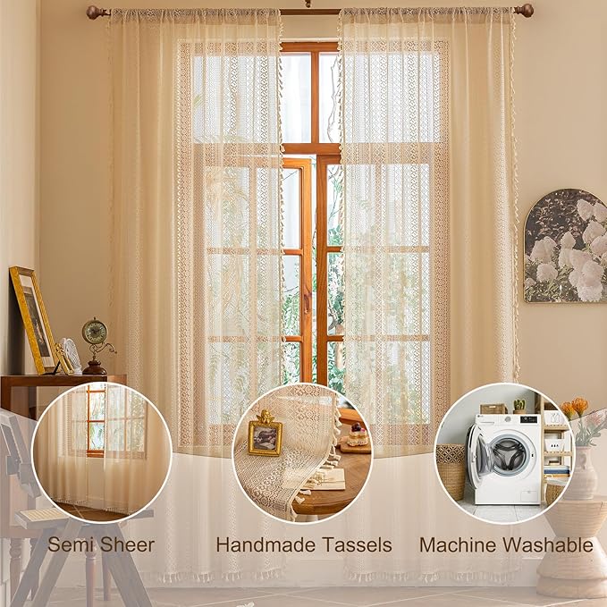 Sutuo Home Beige Boho Lace Curtains 84 inches Long, Crochet Macrame Bohemian - Image 3