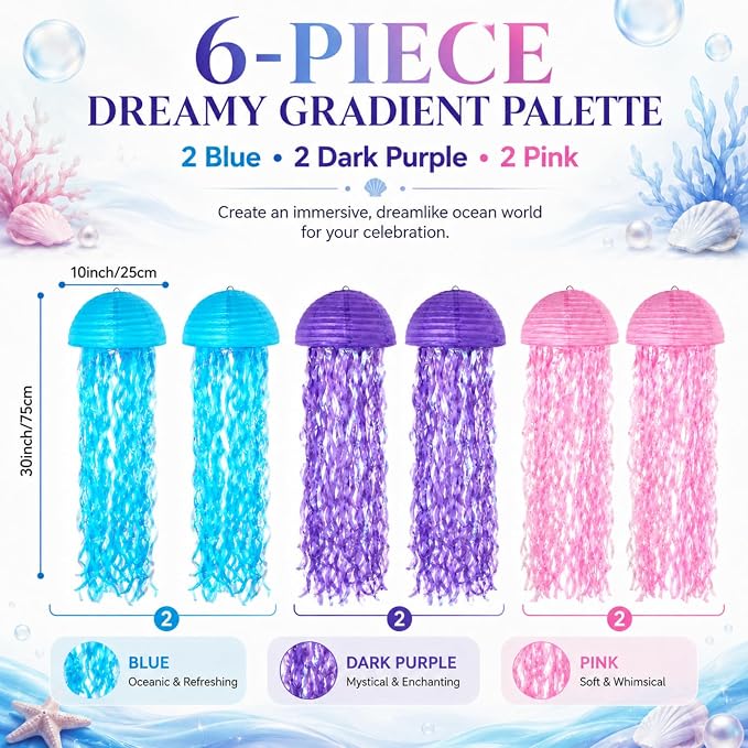 6-Pack Jellyfish Paper Lanterns, Under the Sea Party Decorations | 10-Inch Pink - Image 2