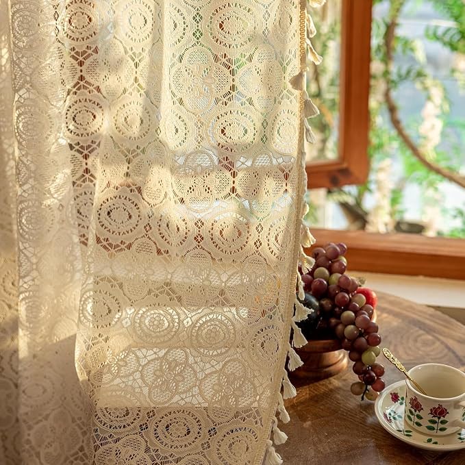 YJ YANJUN Boho Lace Curtains 90 inches Long 2 Panels -Vintage Floral Crochet - Image 3
