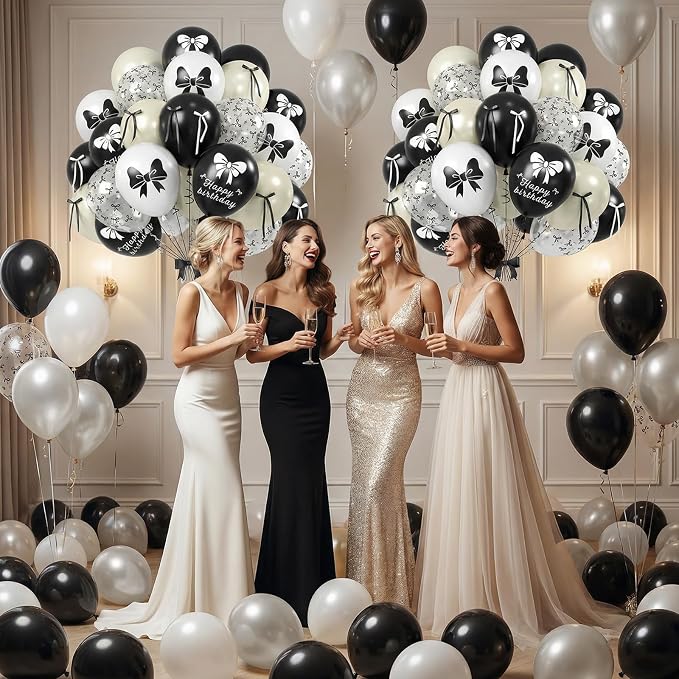 Black Bow Balloons, 12 Inch Black White Bow Printed Balloon - Image 7