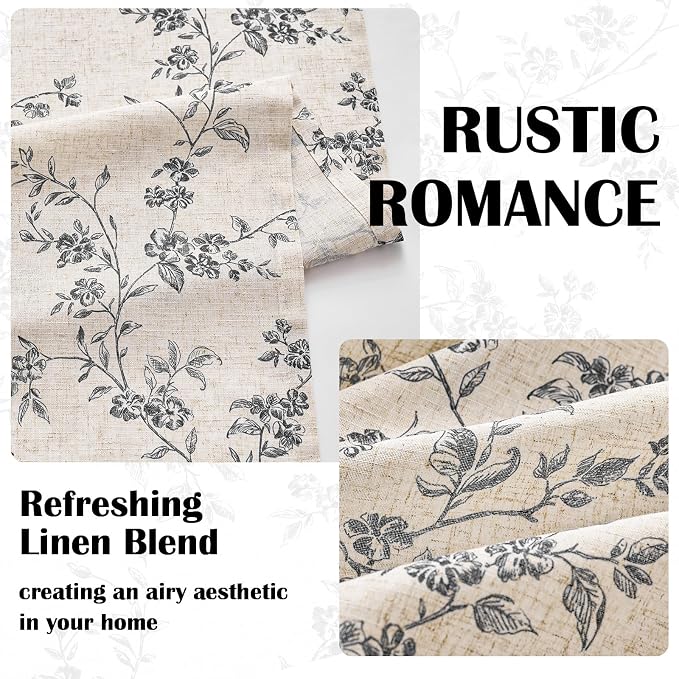 Black Vintage Floral Linen Curtains Farmhouse 50W X 84L 2 Panels | Elisa Series - Image 5