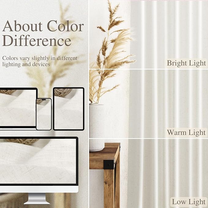 Beige White Linen Curtains for Living Room 92 Inches Long Back Tab and Rod - Image 3