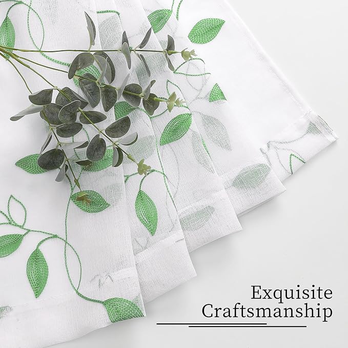 Tollpiz Green Leaf Sheer Curtain Bedroom 54 x 95 Inches | Leaves Embroidered - Image 7