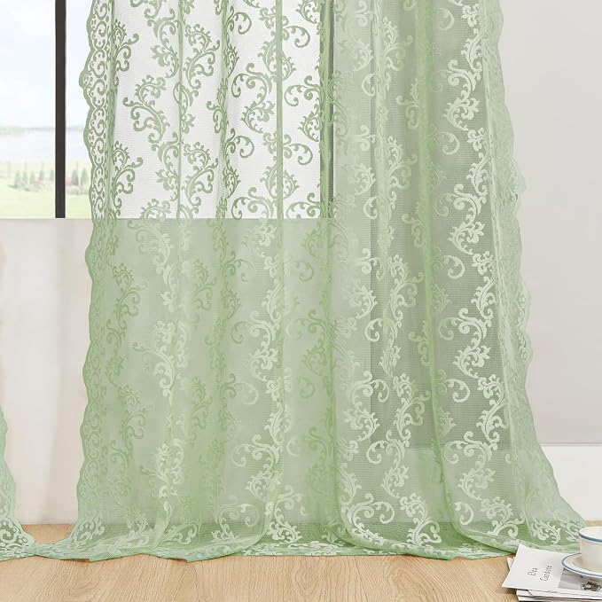 Sage Green Lace Curtains 72 Inches Long 2 Panels Country Vintage Sheer Lace - Image 5