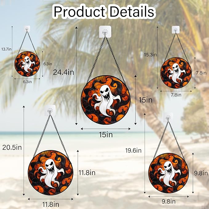 Stained Glass Window Hanging - Halloween White Ghost Suncatcher for Doors Window Garden Indoor Spooky Funny Orange Sun Catchers Gothic Decor Horror Gifts for Women Men Friend 11.8 in