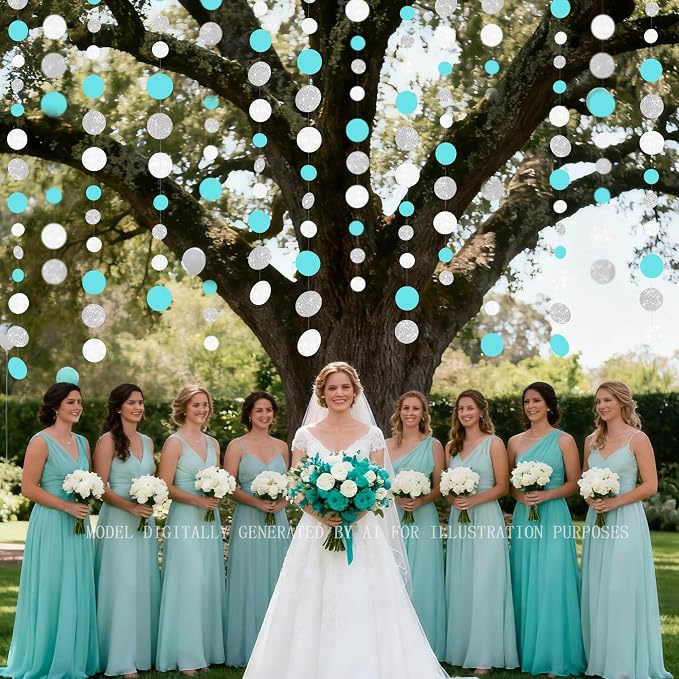 Teal Blue Silver White Party Polka Dot Garland Banner Aqua Turquoise Glitter - Image 5