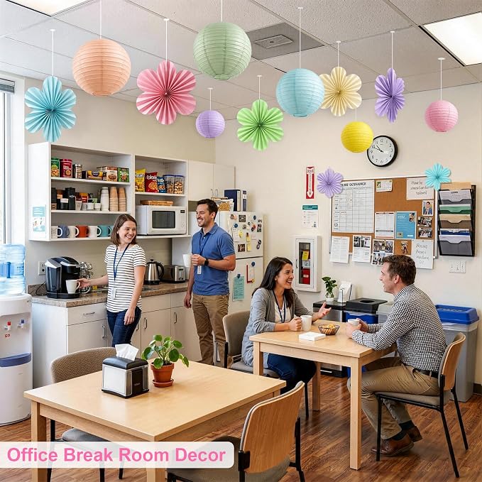 Pastel Classroom Ceiling Decor, 18-Pc Hanging Paper Lanterns & Flower Fans | - Image 6