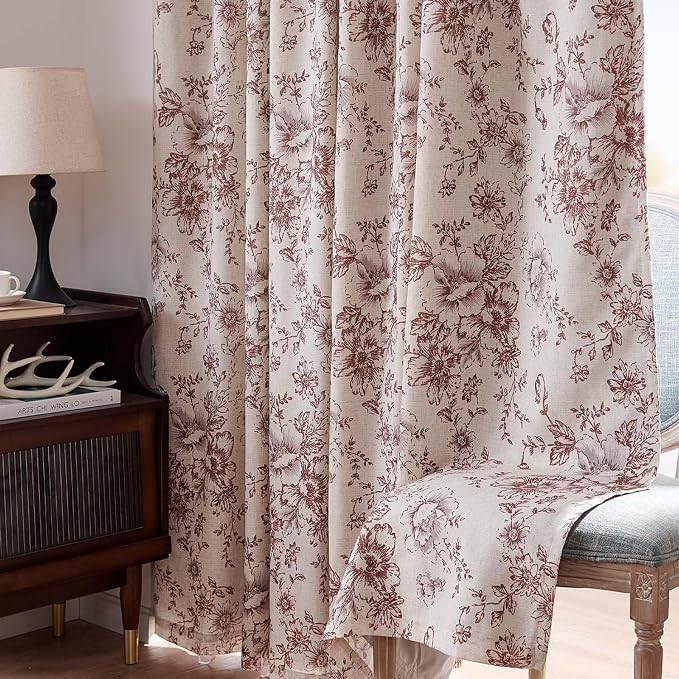 jinchan Red Floral Linen Blackout Curtains Lined 90 Inch Back Tab 2 Panels | - Image 8