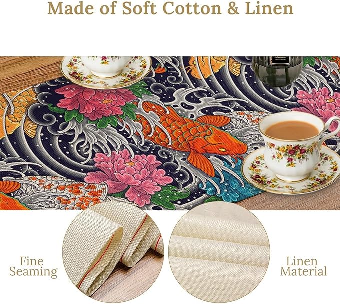 Japanese Retro Flowers Table Runner Oriental Tradition Kio Fish Art Printed Burlap Runner Home Kitchen Dining Table Living Room Decor Fabric 1 Panel W13xL60in