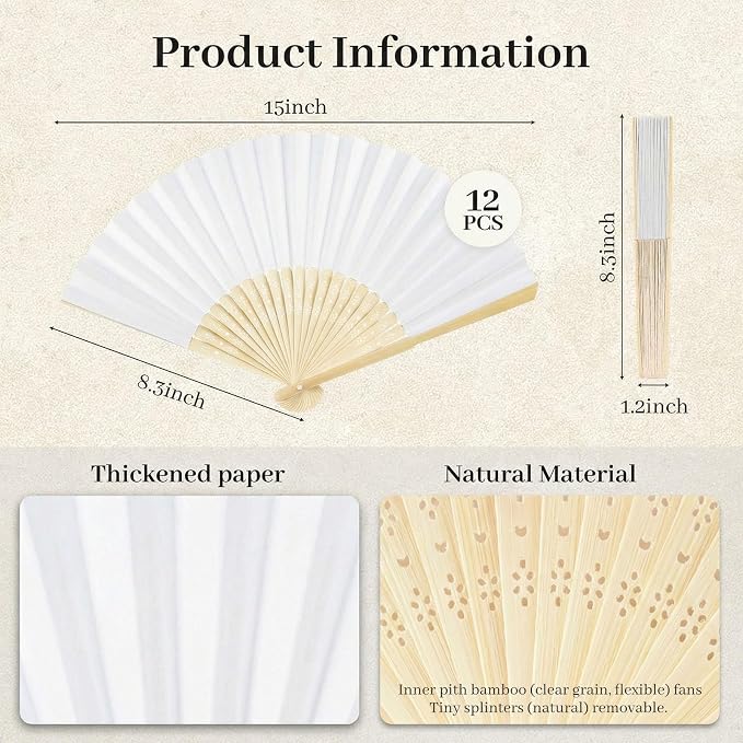 JOHOUSE 12 PCS White Paper Fans Handheld, 8.3 Inch Foldable Hand Fan | Folding - Image 7