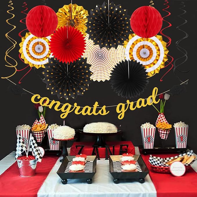 Red-Black Gold Party-Decorations Graduation Banner-Streamers - Image 6