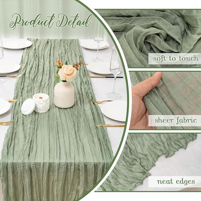 10 Pack Sage Green Cheesecloth Table Runner 22x120 Inch Boho Gauze Table Runners - Image 3