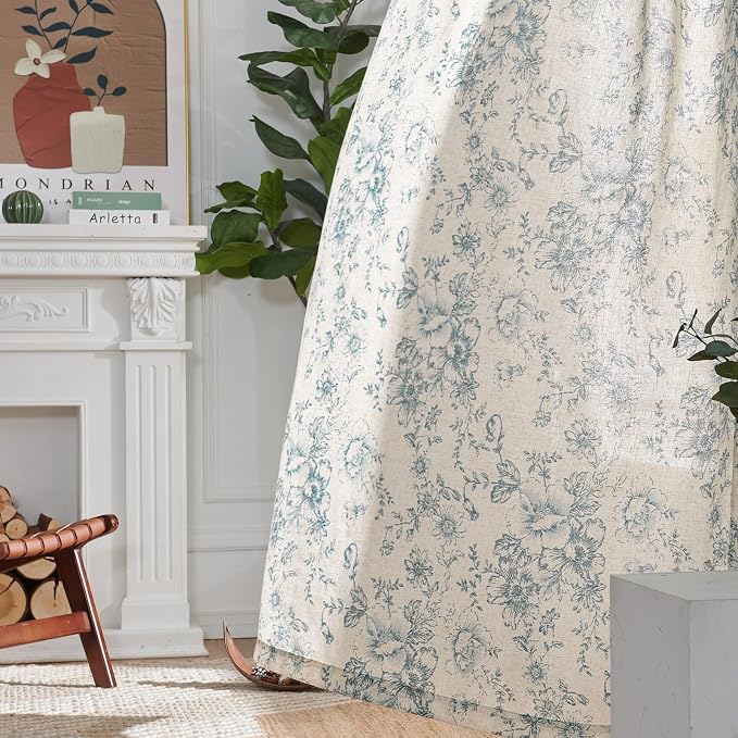 jinchan Blue Floral Linen Curtains 84 Inch Farmhouse Back Tab 2 Panels | Light - Image 6