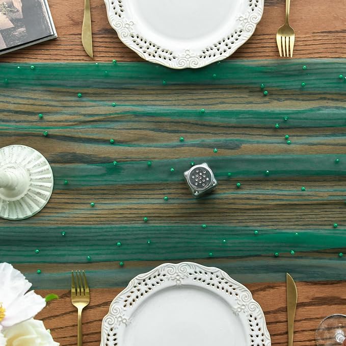 Artoid Mode 6PCS Pearl Dark Green Gauze Table Runner 120 Inch 10FT, Seasonal - Image 2