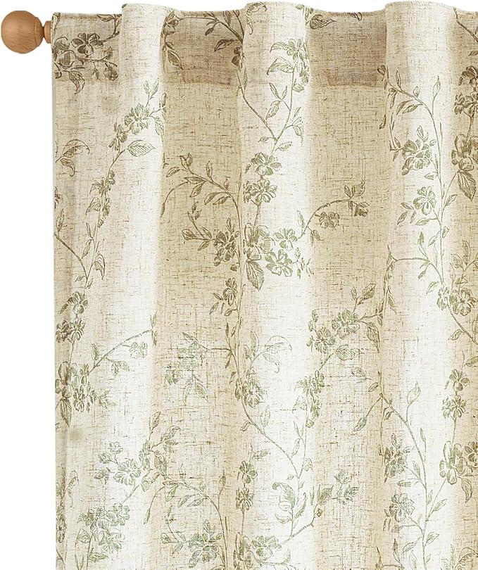 jinchan Green Floral Linen Curtains 96 Inch Farmhouse Back Tab 2 Panels | - Image 2
