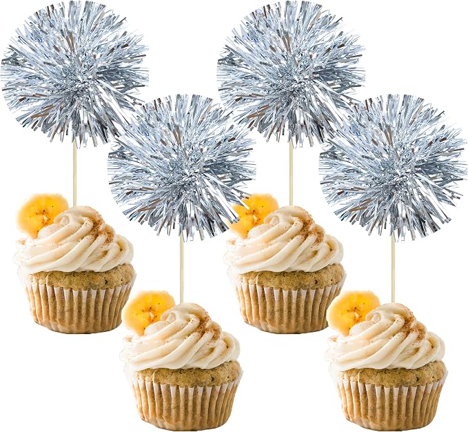 Gyufise 30Pcs Foil Firework Cupcake Toppers Sparkle Tinsel Cake Toppers Tinsel by Gyufise