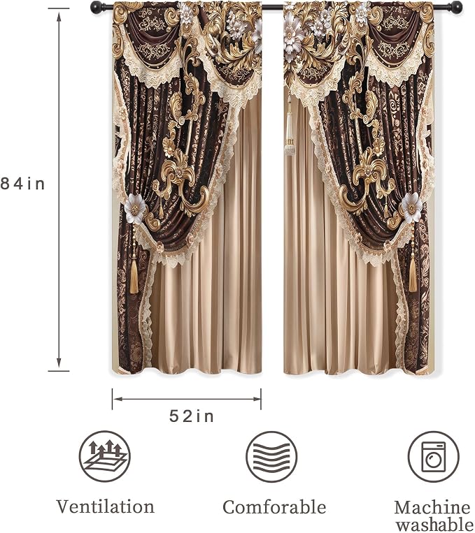 Brown Vintage Elegant Luxury No Tassel Living Room Bedroom Window Curtains | - Image 3