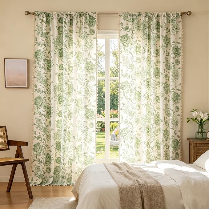 F-CHU Vintage Sage Green Floral Linen Curtains - Image 2