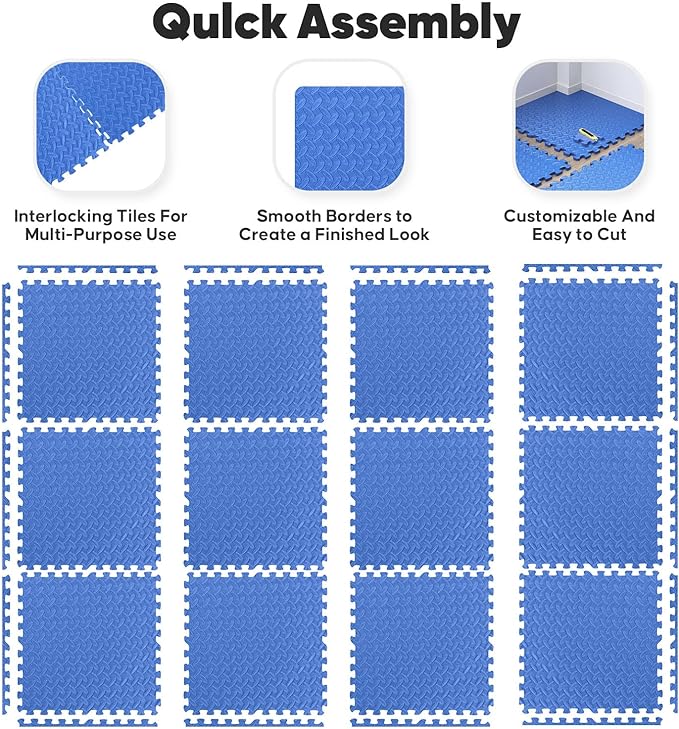 Home Gym Mat, Puzzle Exercise Mat, EVA Interlocking Foam Floor Tiles for Home Workout Equipment and Kids' Play Areas - Blue, 24 in x 24 in x ½ in - 24 Tiles (Blue, 24 Pack 96 sq ft)