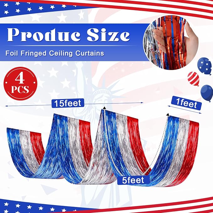 4 Pcs 4th of July Decorations 15ft Patriotic Metallic Foil Ceiling Fringe - Image 2