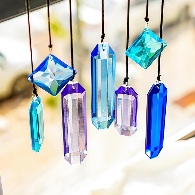 HDCRYSTALGIFTS Crystal Prisms Sun Catchers Hanging, 7PCS Blue Dreams Suncatcher Rainbow Maker Sun Catcher Indoor Window Home Garden Christmas Tree Decor