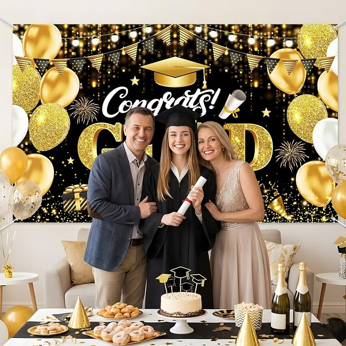Black Gold Graduation Banner Backdrop 2026 5.9x3.6ft Congrats Grad Banner - Image 4