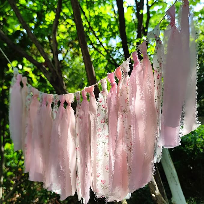 Pink Floral Tsaasel Garland for Wedding Spring Tea Party Haning Chiffon Tassel - Image 3