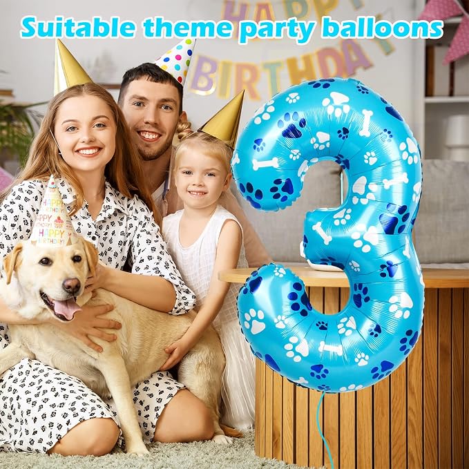 40 Inch Blue Dog Paw Birthday Balloons, Number 3 Balloons - Image 3