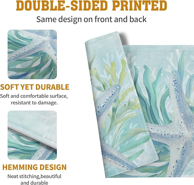 Nautical Coastal Placemats Set of 4 Ocean Coral Starfish Seagrass Beach Theme - Image 5