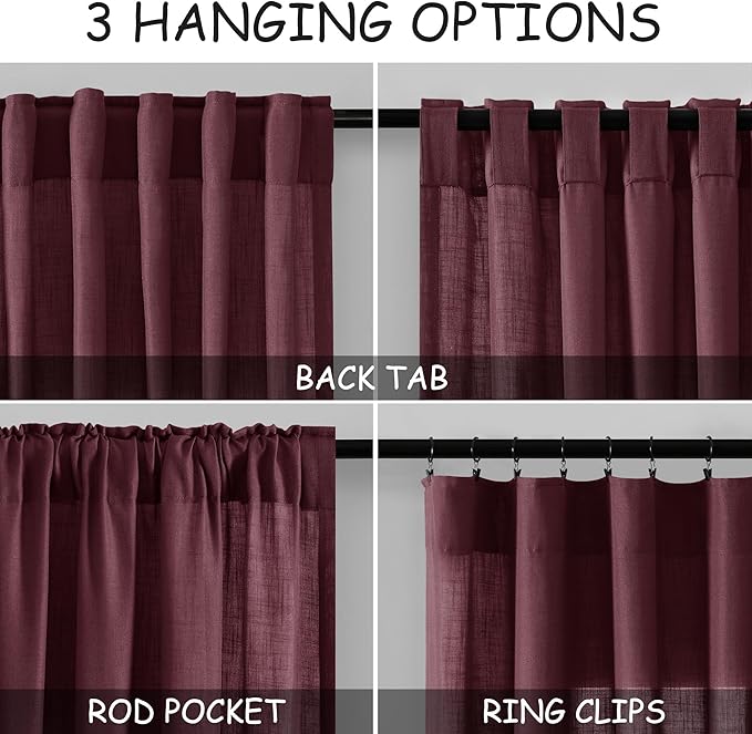 Burgundy Linen Curtains Semi Sheer 96 Inches Long 2 Panels Set - Image 2