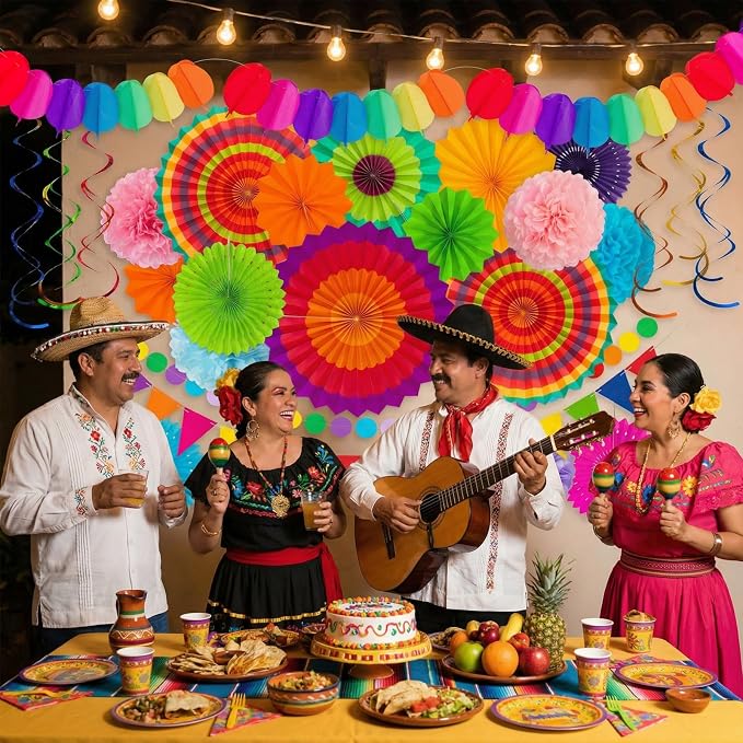 35PCS Fiesta Paper Fan Party Decorations Set | Cinco De Mayo Pom Poms, - Image 6