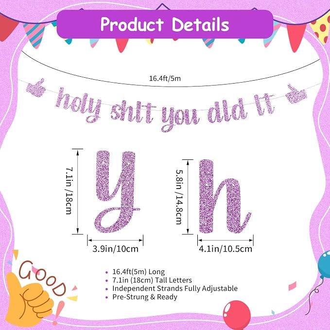 Funny Grad Banner Holy Shit You Did It Banner – Pre-Strung Glitter Graduation - Image 2