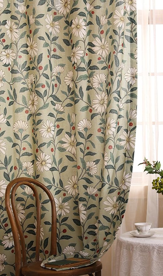 Designer French Green Linen Printed Curtain, 2 Panels, Floral Pattern Home - Image 9