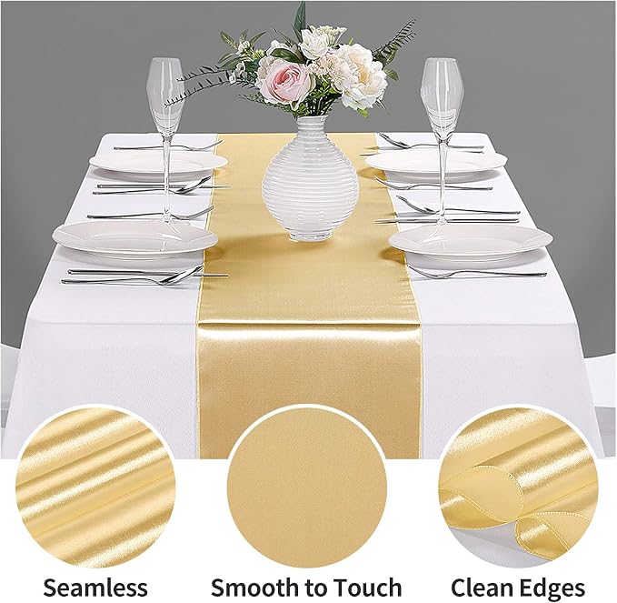 5-Pack Satin Table Runner Light Gold 12 x 108 inches Long, Table Runners - Image 3