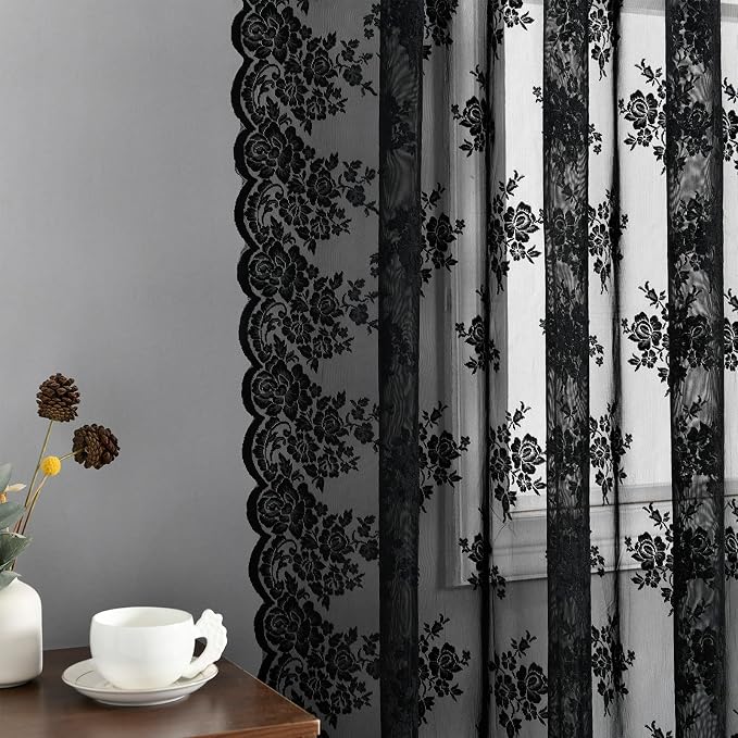 Kotile Black Lace Curtains for Bedroom Rustic Floral 42 x 63 Inch 2 Panels | - Image 5