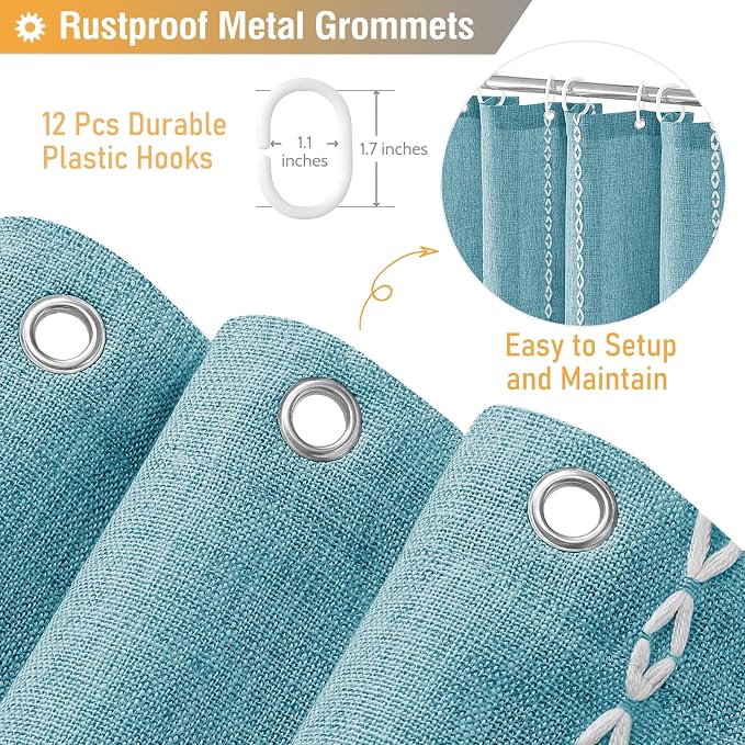 Teal Boho Farmhouse Linen Heavy Duty Cloth Shower Curtain Set, 72x72 | 330GSM - Image 5
