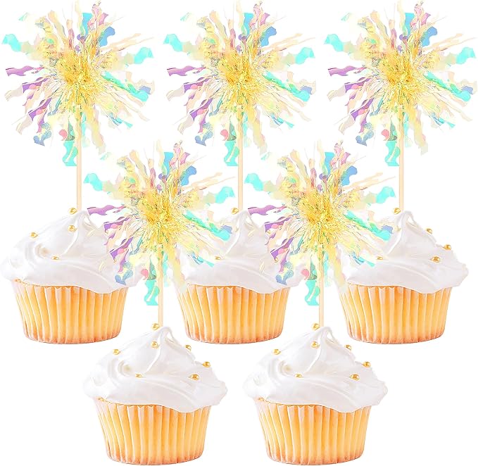 30 PCS Foil Firework Cupcake Toppers Sparkle Tinsel Cupcake Picks Happy by ZHUOWEISM