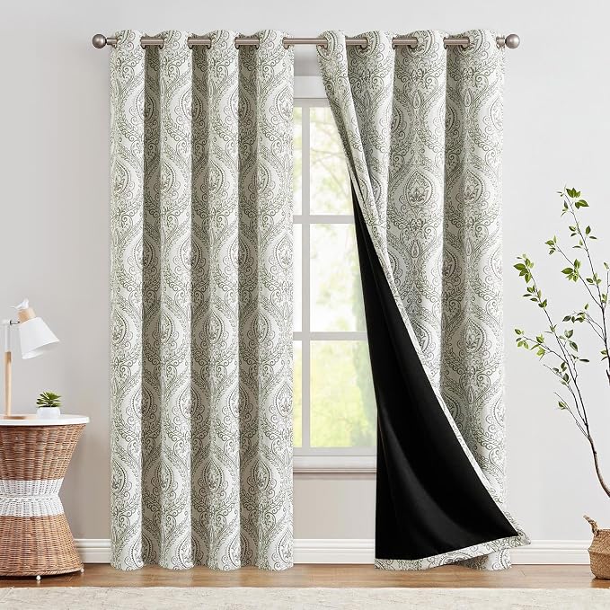 jinchan Sage Green Blackout Curtains 90 Inch Damask Grommet 2 Panels | Room by JINCHAN