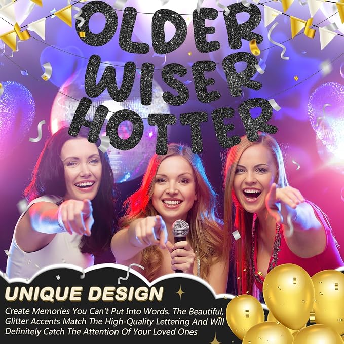 Fulmoon Set of 3 Pre Strung Older Wiser Hotter Glitter Banner Funny Birthday - Image 6