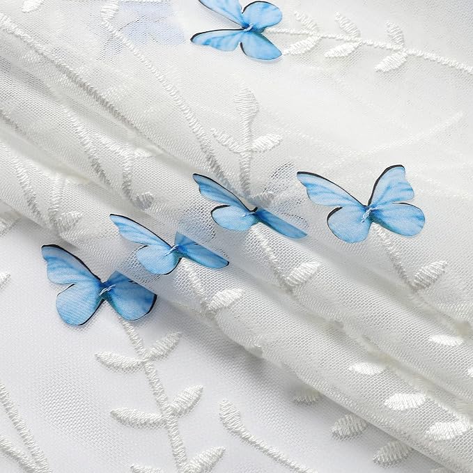 White Sheer Voile Curtains White Embossed Butterflies 63 Inches | Light - Image 4