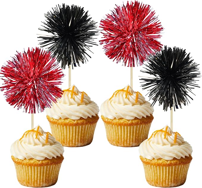 Gyufise 30Pcs Foil Firework Cupcake Toppers Sparkle Tinsel Cake Toppers Tinsel by Gyufise