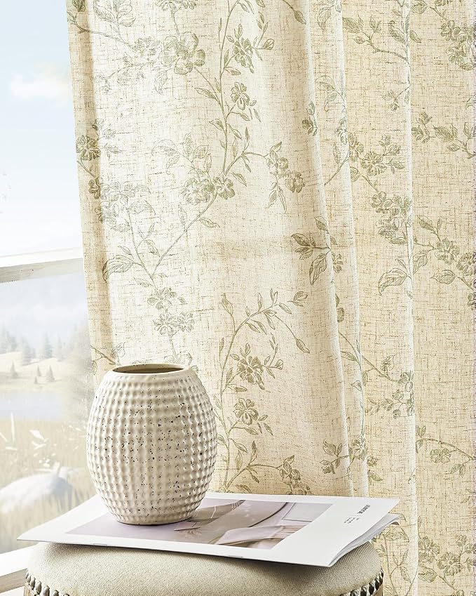 jinchan Green Floral Linen Curtains 90 Inch Farmhouse Back Tab 2 Panels | by JINCHAN