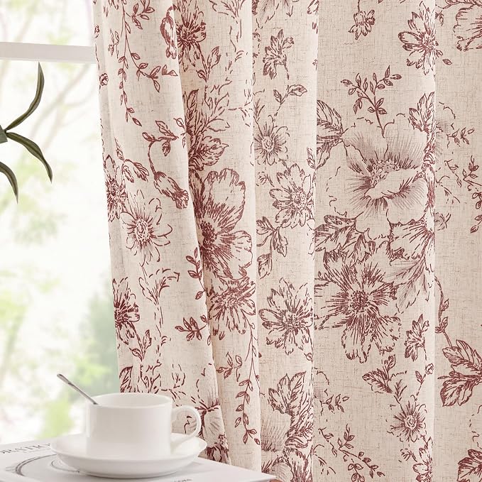 jinchan Red Floral Linen Curtains Lined 63 Inch Farmhouse Back Tab 2 Panels | - Image 7